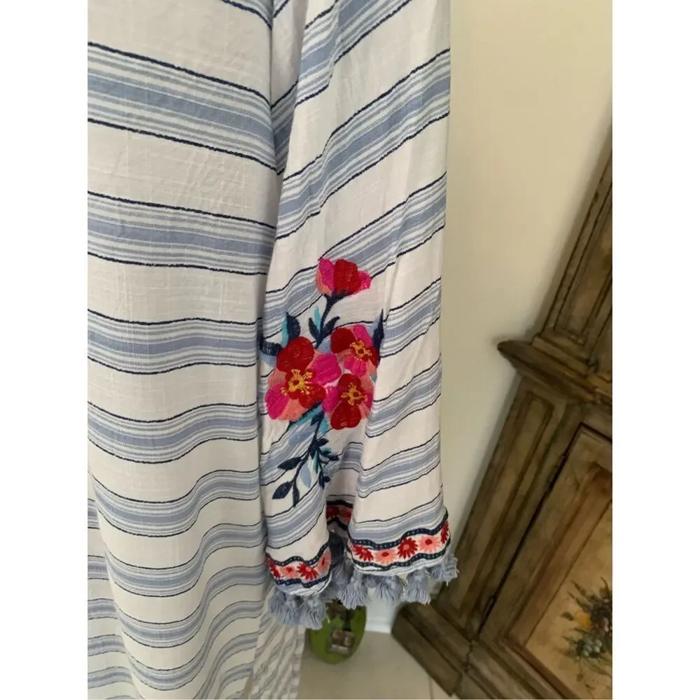 Altar'd State Blue Striped Embroidered Floral Boho Kimono Duster Cardigan